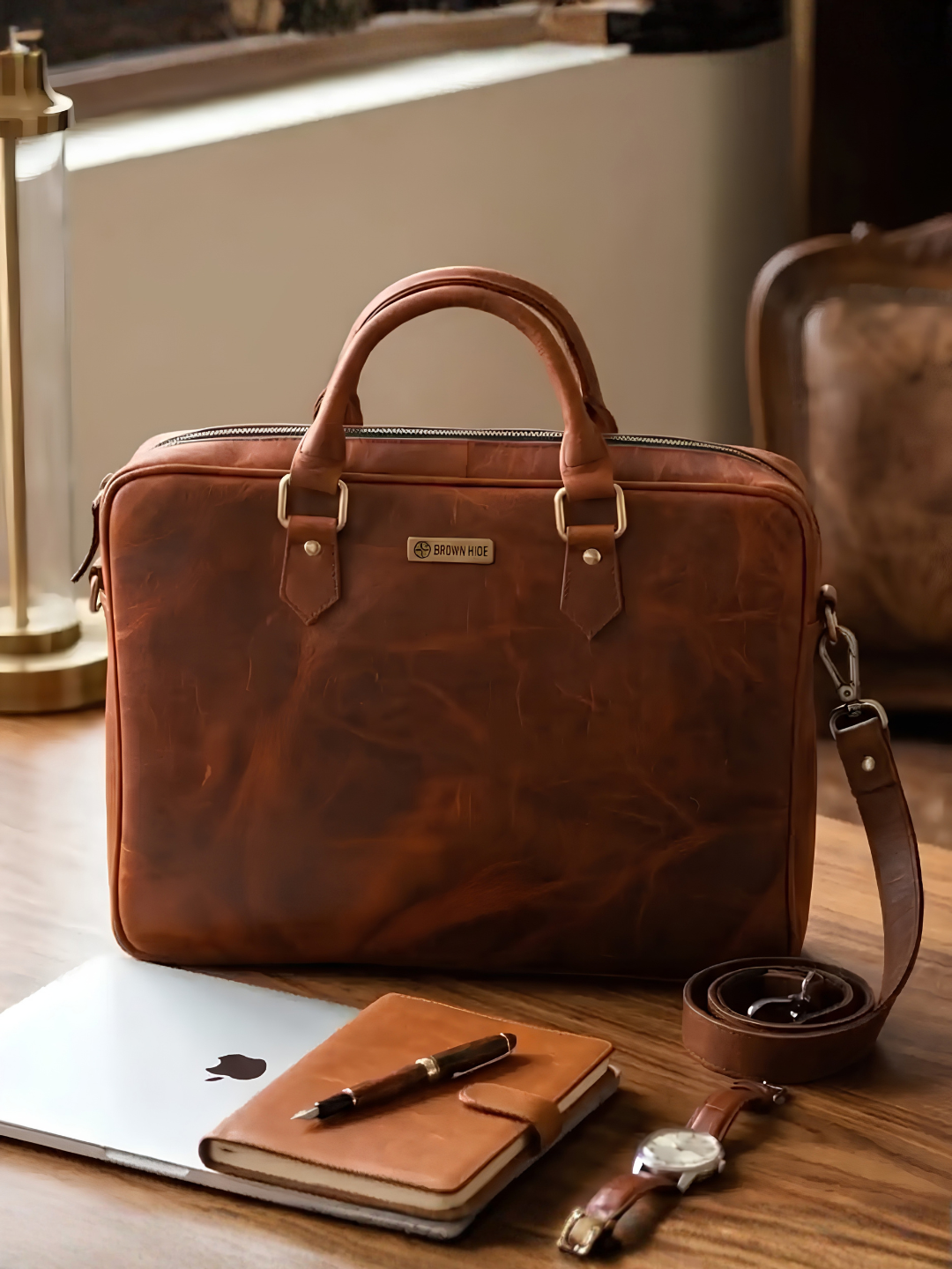 Distressed Vintage Tan Leather Laptop Bag