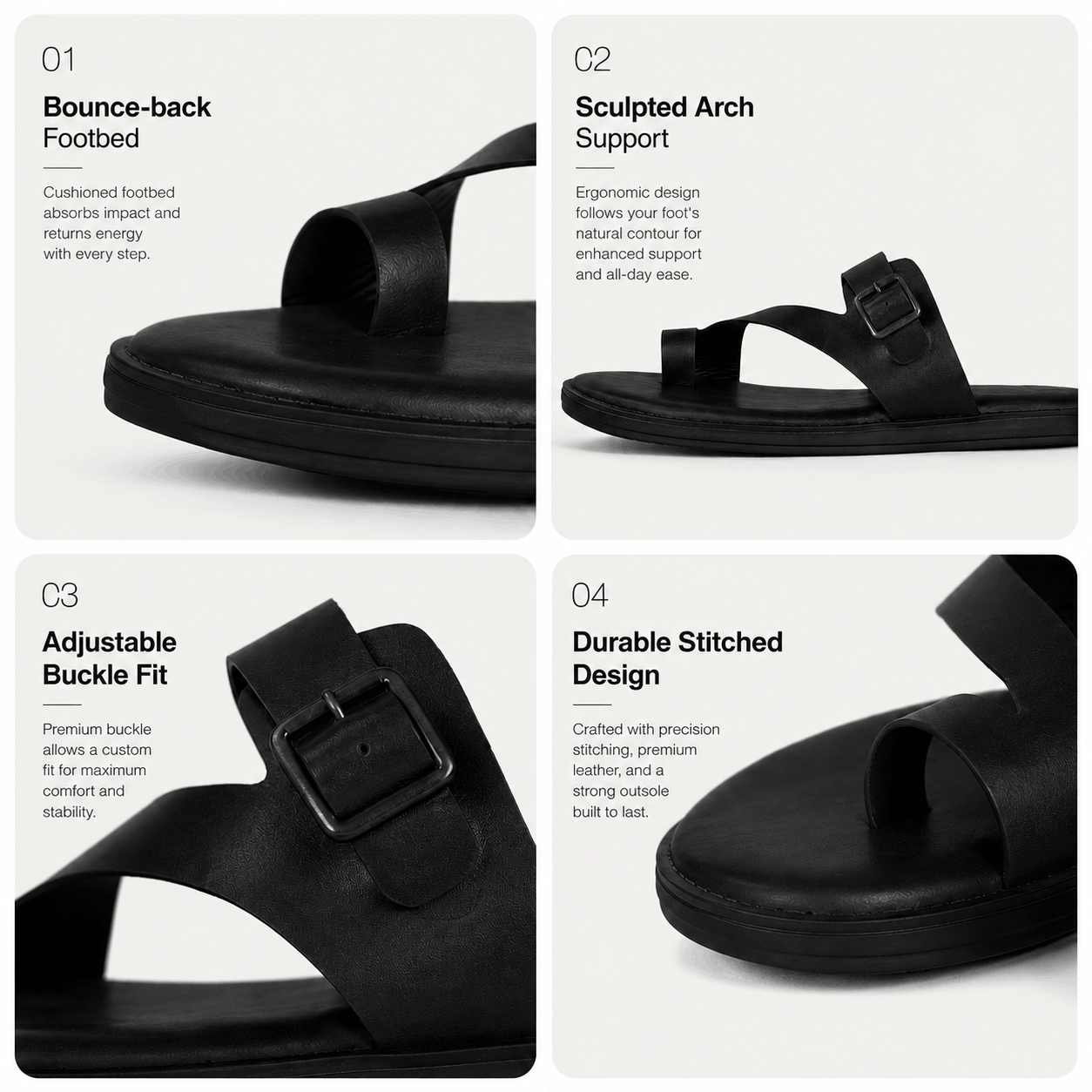 Toe-Ring Buckle Leather Sandal - Black (4)