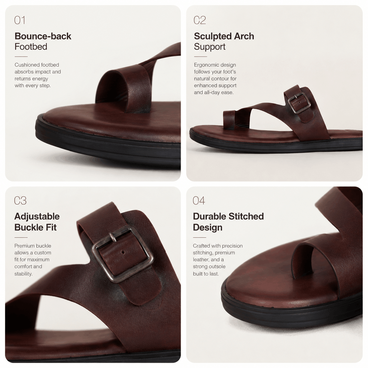 Toe-Ring Buckle Leather Sandal - Brown (4)